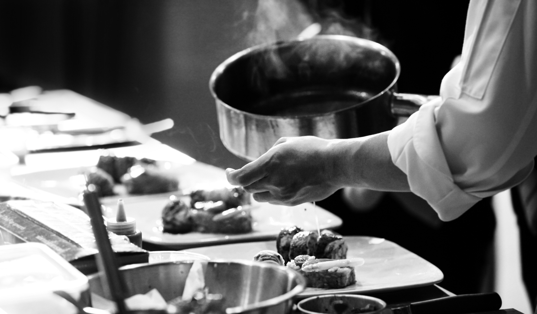 chef preparing food, chef cooking in a kitchen, chef at work, Black & White